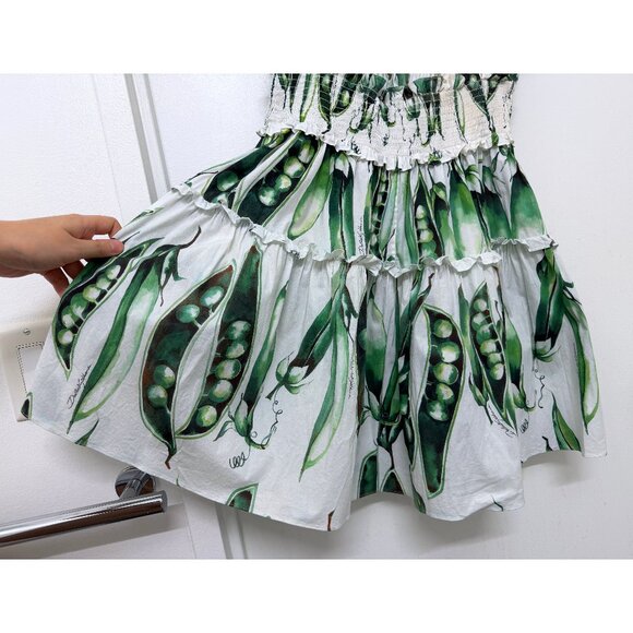 Dolce & Gabbana Green Beans Snap Pea Mini Dress White Cotton Smocked IT 48 - Picture 13 of 16